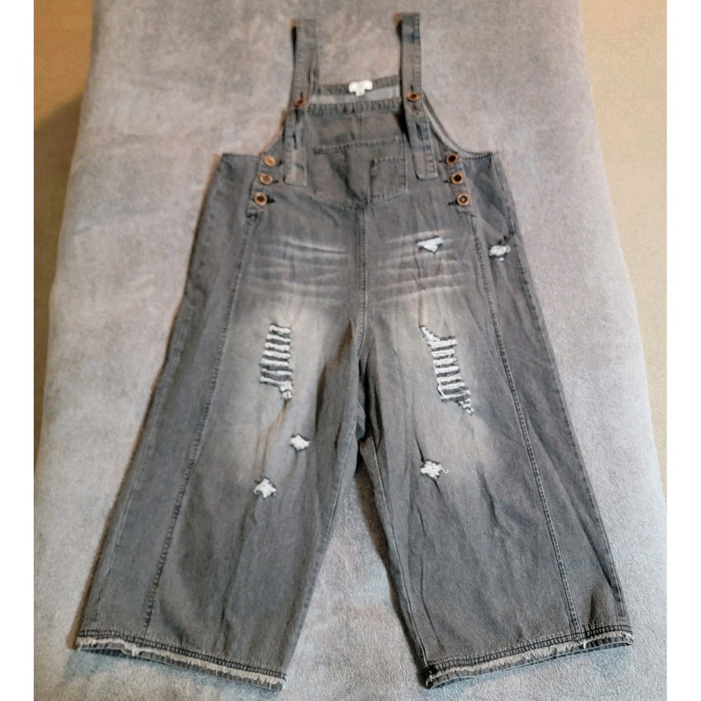 Easel Los Angeles Womens Distressed Wide Leg Denim Overalls Faded Black Small